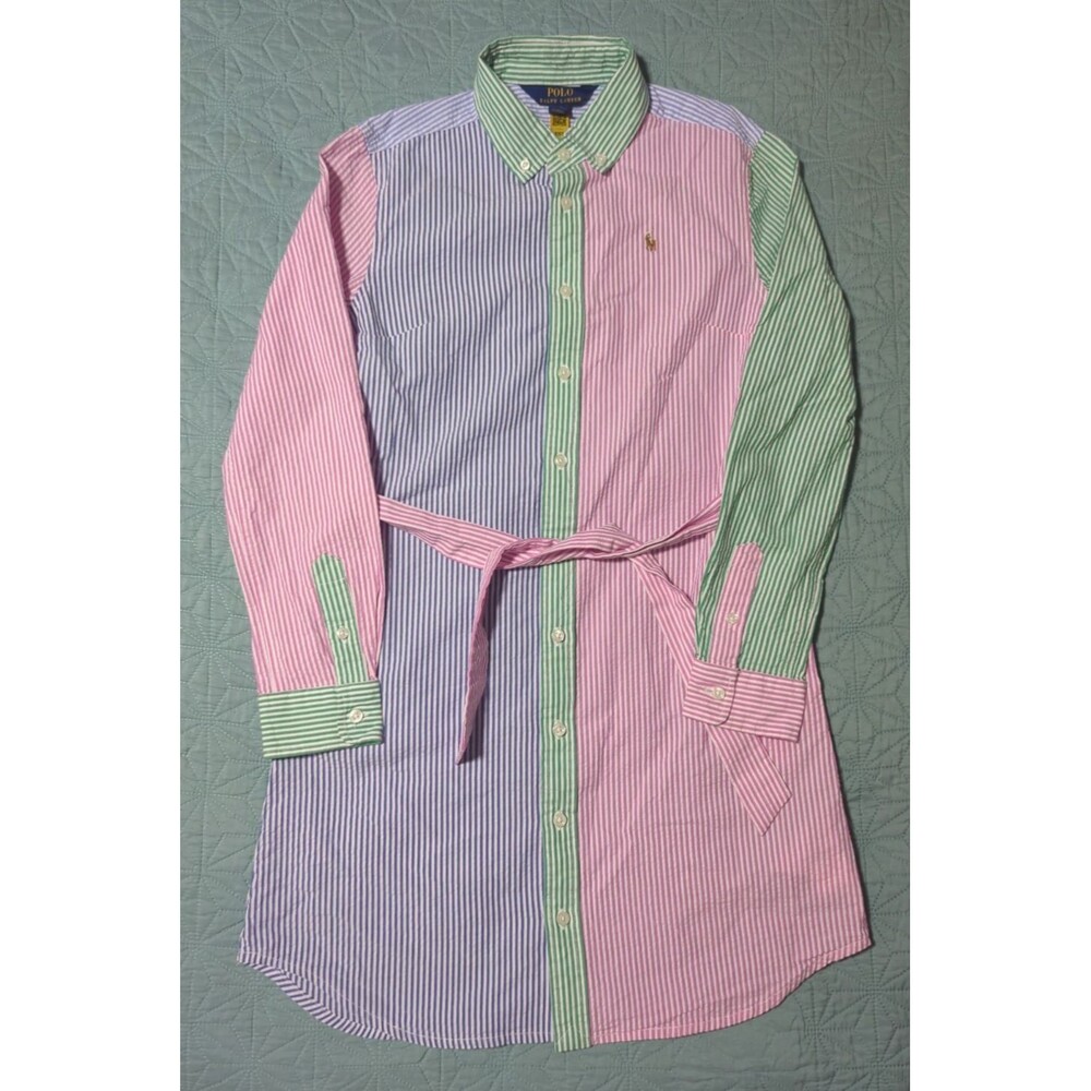 Polo Ralph Lauren Seersucker Shirt Dress Girl's Sz Multicolor Stripes Textured